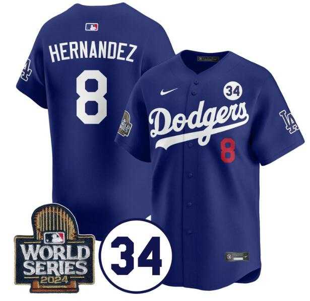 Mens Los Angeles Dodgers #8 Enrique Hernandez Royal 2024 World Series With No. 34 Patch Limited Stitched Baseball Jersey